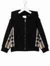 BURBERRY BLACK COTTON HOODIE WITH VINTAGE CHECK INSETS