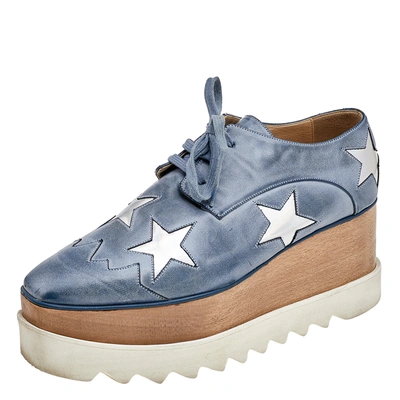 Pre-owned Stella Mccartney Blue/silver Faux Leather Elyse Star Platform Lace Up Sneakers Size 39