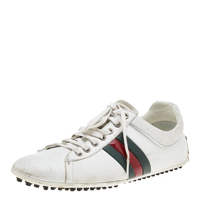 Pre-owned Gucci White Leather Web Detail Loafer Sneakers Size 42.5