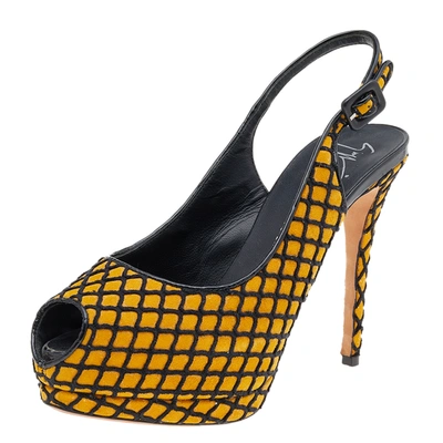 Pre-owned Giuseppe Zanotti Yellow/black Suede And Fabric Platform Peep Toe Slingback Sandals Size 38.5