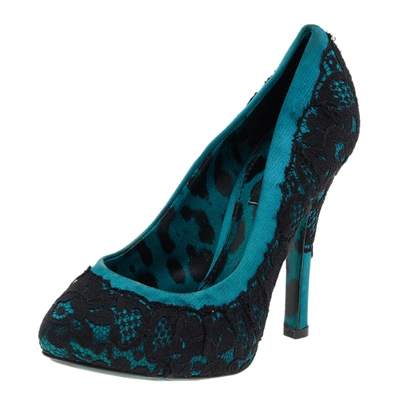 Pre-owned Dolce & Gabbana Green/black Lace And Satin Pumps Size 35