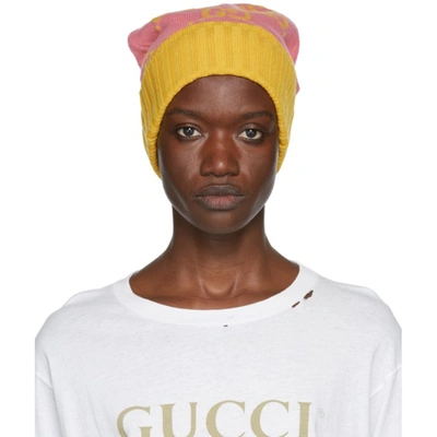 Gucci Pink & Yellow Wool Gg Beanie In Pink,yellow