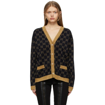 Gucci Womens Blue/gold Monogram-pattern Ribbed-trim Cotton-blend Knitted Cardigan In Multi
