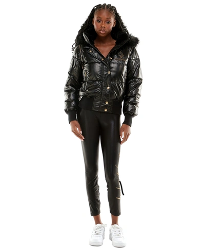 Baby Phat Plus Size Faux-fur-trim Hooded Puffer Coat In Black Beauty