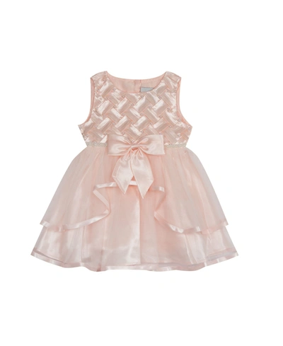 Rare Editions Baby Girls Basket Weave Social Dress With Two Tiered Ribbon Skirt In Peach