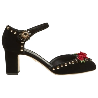 Pre-owned Dolce & Gabbana Mary Jane Velvet Heels In Black