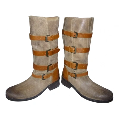 Pre-owned Balmain Leather Boots In Khaki
