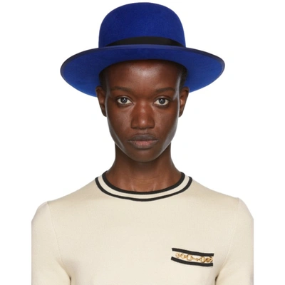 Gucci Felt Hat W/ Tiger Head Buckle Detail In Blue,black