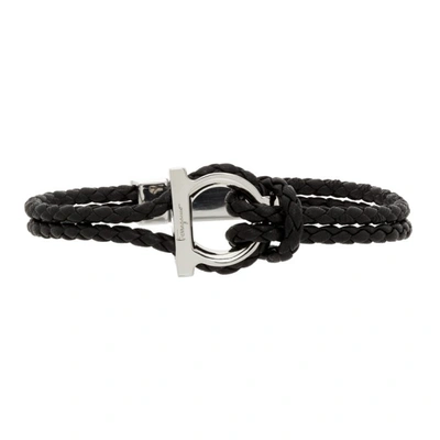Ferragamo Men's Gancio Braided Leather Rope Bracelet In Black