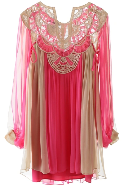 Alberta Ferretti Mini Abito In Chiffon In Beige,fuchsia