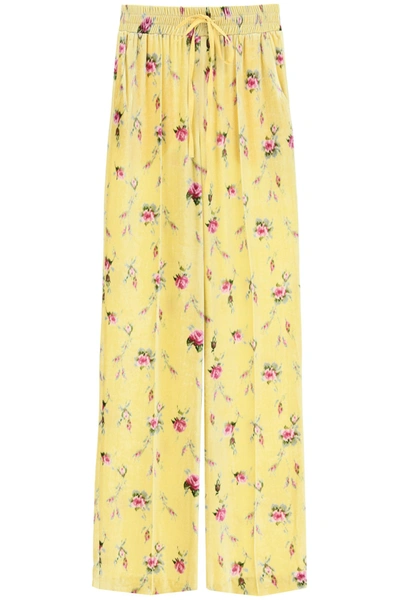 Red Valentino Pantaloni In Velluto Stampa Sweet Roses In Yellow,fuchsia,green