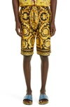 Versace Barocco Print Silk Shorts In Black Gold