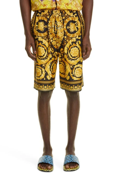 Versace Barocco-print Knee-length Silk Shorts In Multi-colored