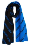 Balenciaga Reversible Allover Logo Wool Scarf In Blue Black