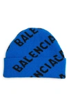 Balenciaga Logo Jacquard Wool Blend Beanie In Blue Black