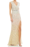 Mac Duggal V-neck Sequin Gown In Beige