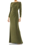 Mac Duggal Long-sleeve Draped Jersey Sheath Gown In Olive