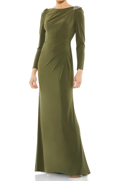 Mac Duggal Long-sleeve Draped Jersey Sheath Gown In Olive