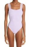 Versace Purple Greca Border One-piece Swimsuit In 1l310 Lillac
