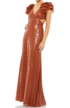 Mac Duggal Ruffle Shoulder Sequin Embellished Gown In Brick