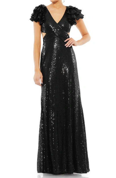 Mac Duggal Ruffle Shoulder Sequin Embellished Gown In Black