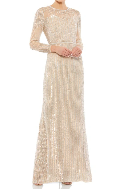 Mac Duggal Sequined Illusion High Neck Long Sleeve Trumpet Gown In Beige