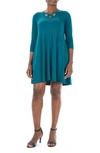 Nina Leonard Hardware Neck Long Sleeve Dress In Radient Teal Gold