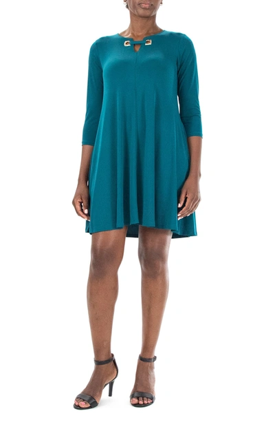 Nina Leonard Hardware Neck Long Sleeve Dress In Radient Teal Gold