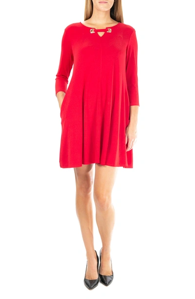 Nina Leonard Hardware Neck Long Sleeve Dress In Nina Red Gold