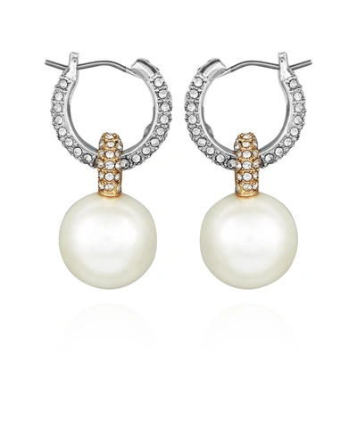 Vince Camuto Pearl And Glass Stone Drop Huggie Hoop Earrings In Gold-tone/silver-tone