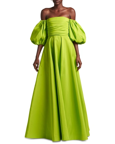 Valentino Puff-sleeve Off-the-shoulder Silk-dupioni Gown In Green