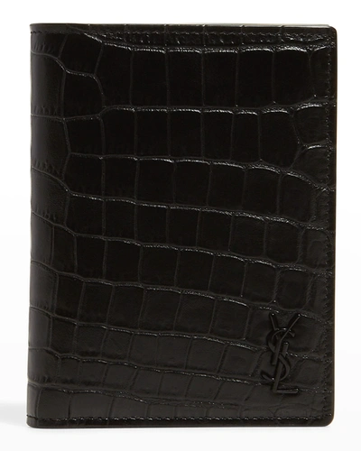 Saint Laurent Ysl Croc Embossed Leather Wallet In Black
