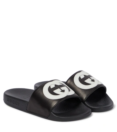 Gucci Gg Leather Slides In Black