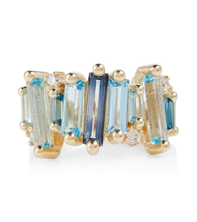 Suzanne Kalan 14kt Gold Ring With Topaz And White Diamonds In Blue Mix