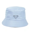 Prada Bucket Hat With Signature Logo Plaque In Celeste