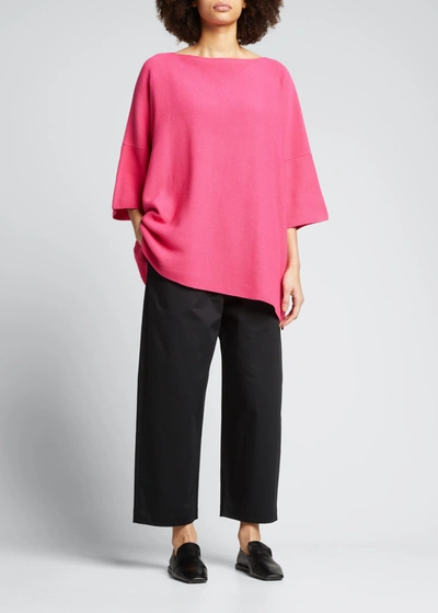 Eskandar Square 3/4-sleeve Knitted Moss-stitch Tunic Top (long Length) In Geranium