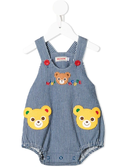 Miki House Babies' Teddy Bear Embroidered Romper In Blue