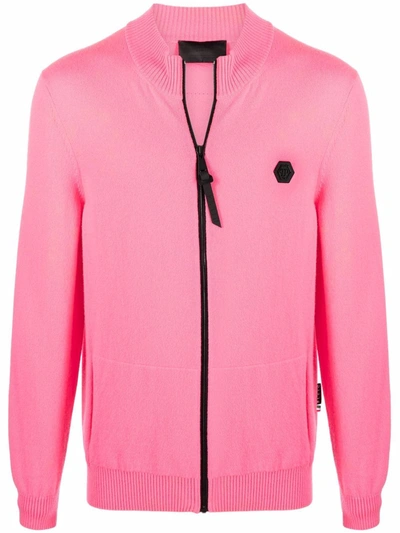 Philipp Plein Logo-patch Zip-up Cardigan In Pink