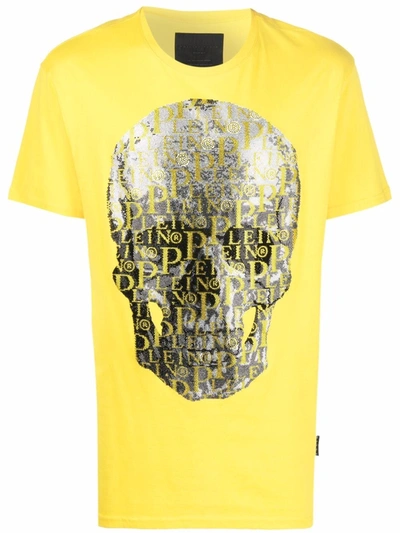 Philipp Plein Beaded Logo-skull T-shirt In Yellow