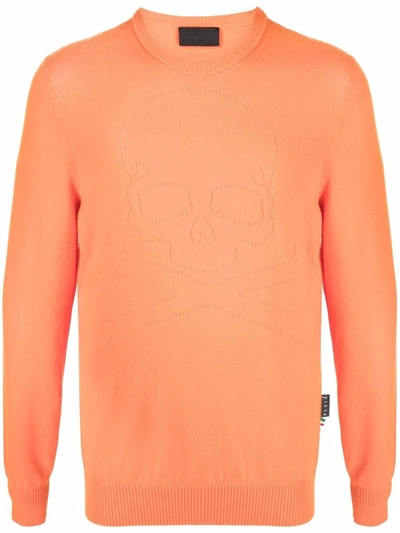 Philipp Plein Fine-knit Skull-motif Jumper In Orange