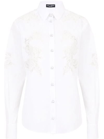 Dolce & Gabbana Long-sleeve Button-front Lace-inset Poplin Blouse In White