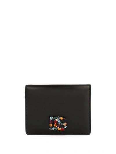 Dolce & Gabbana Rhinestone-logo Leather Bi-fold Cardholder In Black