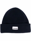 Ganni Wool-blend Ribbed-knit Beanie Hat In Blue