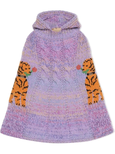 Gucci Babies' Tiger-embroidery Wool Poncho In Purple