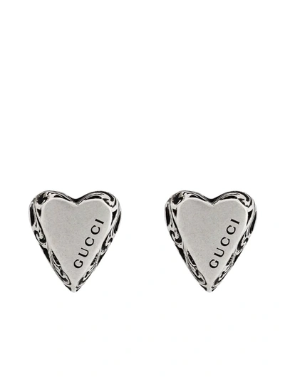 Gucci Logo-engraved Heart Stud Earrings In Silver