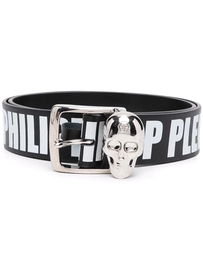 Philipp Plein Leather Print Skull Buckle Belt In Schwarz