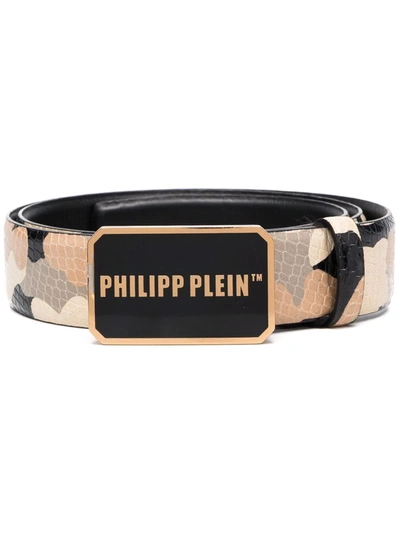 Philipp Plein Logo-plaque Camouflage Belt In Nude