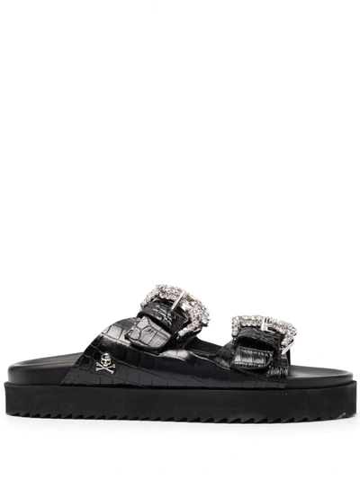 Philipp Plein Cocco Leather Sandals In Schwarz