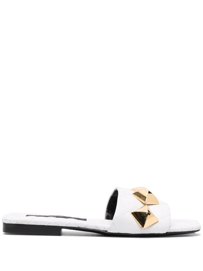 Philipp Plein Flat Studded Matelassè Sandals In Weiss