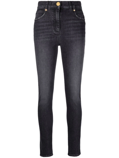 Balmain High-waisted Button-detail Denim Jeans In Gray